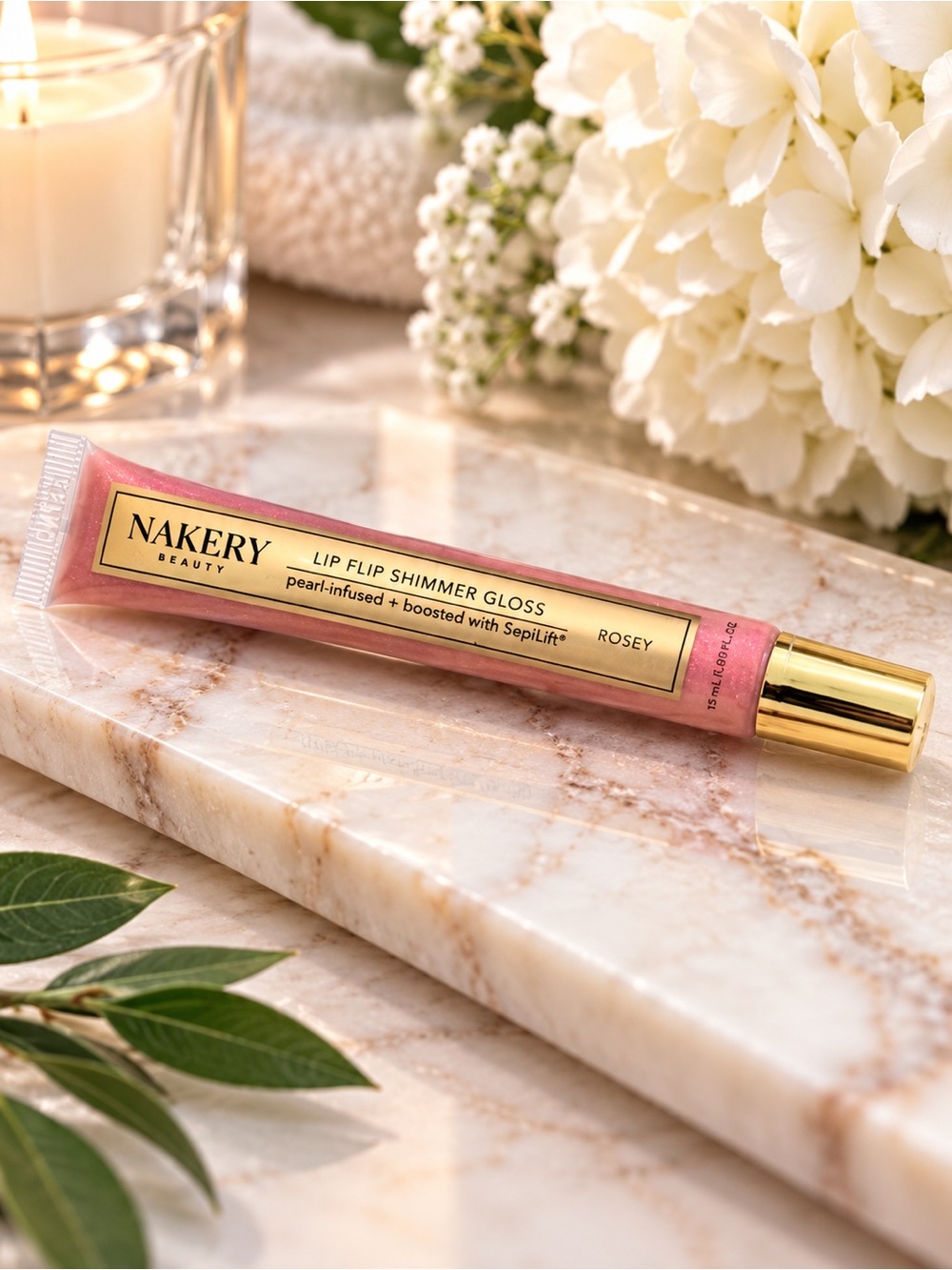 NAKERY Beauty Lip Flip Shimmer Gloss ROSEY Pearl Infused 15mL NEW